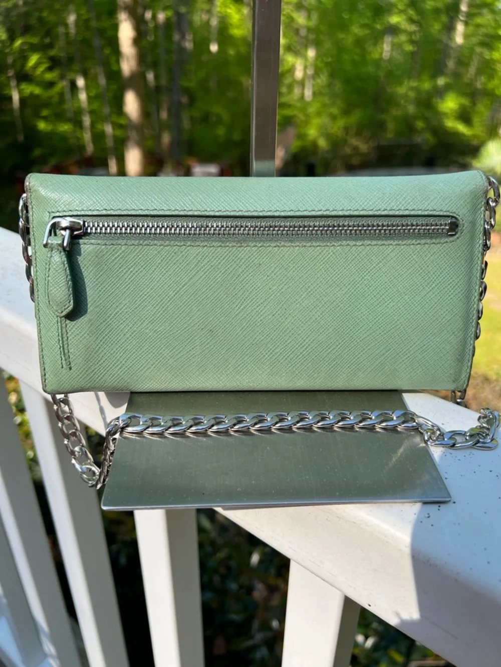 Prada Saffiano Leather Clutch in Mint Green with Silver Chain insert - Picture 7 of 17